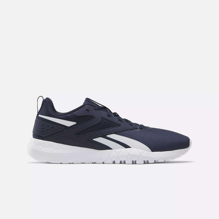 Men's Flexagon Energy 4 Training Shoes by Reebok in navy blue with white accents and sole, featuring a breathable mesh upper and geometric tread, displayed side profile on a plain light background.