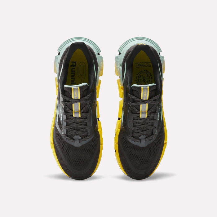 The Reebok Men's FloatZig 2 Running Shoes in black and yellow feature Superfloat+ cushioning for added comfort.