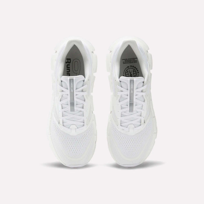 A pair of Men's FloatZig 2 Running Shoes by Reebok, seen from above on a light background, with white mesh uppers, laces, branded insoles, and energy-returning cushioning.