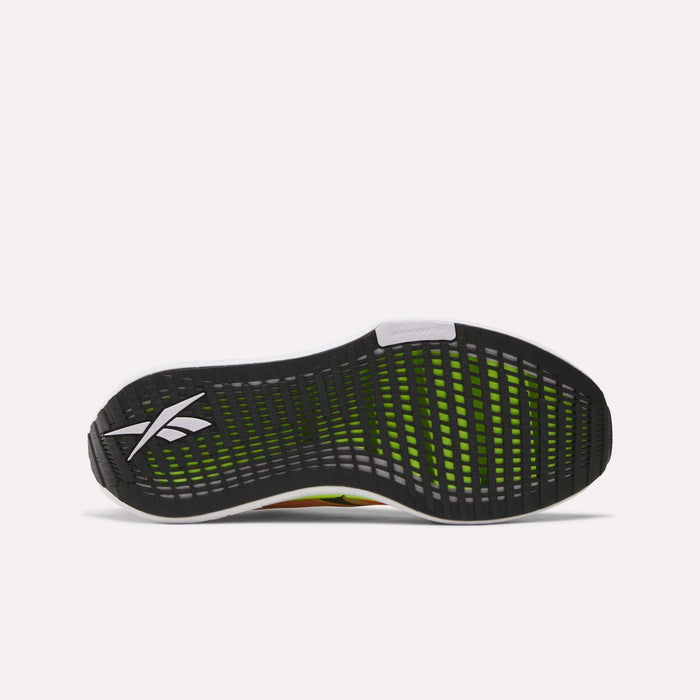 Bottom view of Reebok Men's FloatZig Tread Running Shoes shows a black, grid-patterned outsole with a white heel logo; green and yellow accents appear through the sole, paired with a cushioned midsole ideal for treadmill workouts.