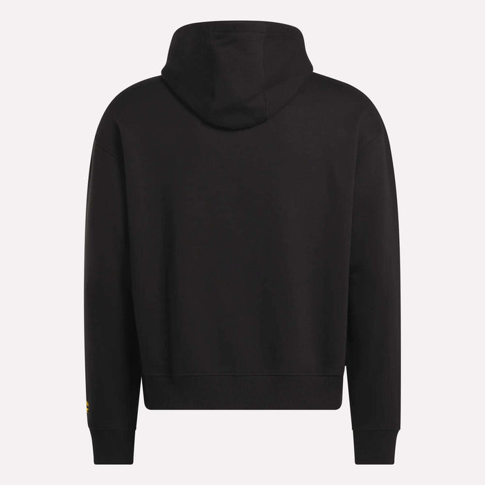 A plain black Reebok Men's Hoodie shown from the back, featuring a hood and long sleeves. This soft hoodie has no visible designs or logos, offering a classic and comfortable style.