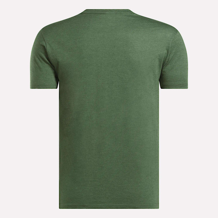 The Reebok Men's Identity Small Logo T-Shirt features a relaxed fit, short sleeves, and a crew neck. Shown from the back, it’s solid olive green against a white background.