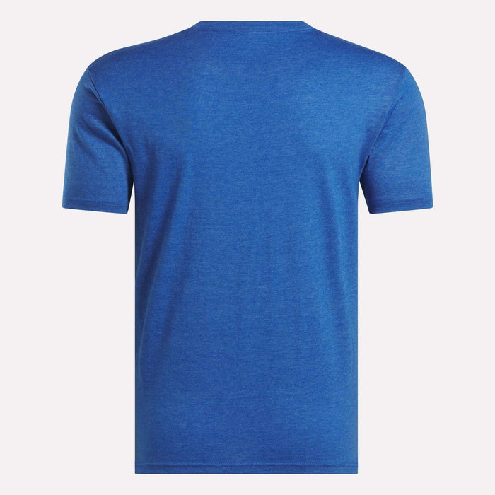 The Reebok Men's Identity Small Logo T-Shirt features a relaxed fit in plain blue, displayed from the back against a white background.