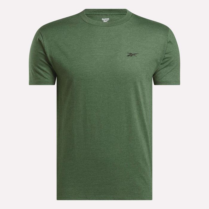 The Reebok Men's Identity Small Logo T-Shirt features a plain green design, relaxed fit, and a small black logo on the left chest, shown against a white background.