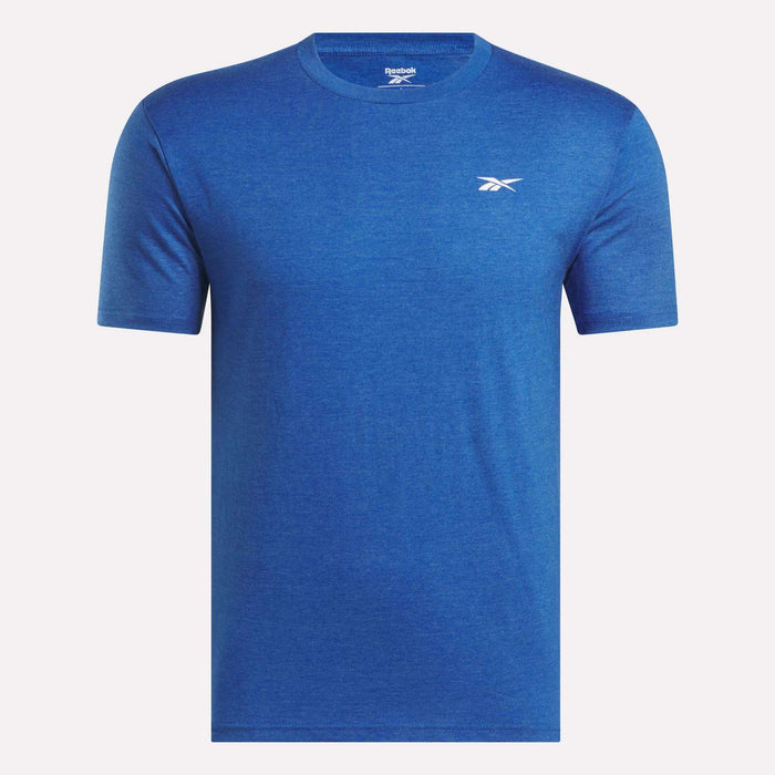 The Reebok Men's Identity Small Logo T-Shirt is a plain blue tee with a relaxed fit, crew neckline, and a small white Reebok logo on the left chest, shown against a light background.