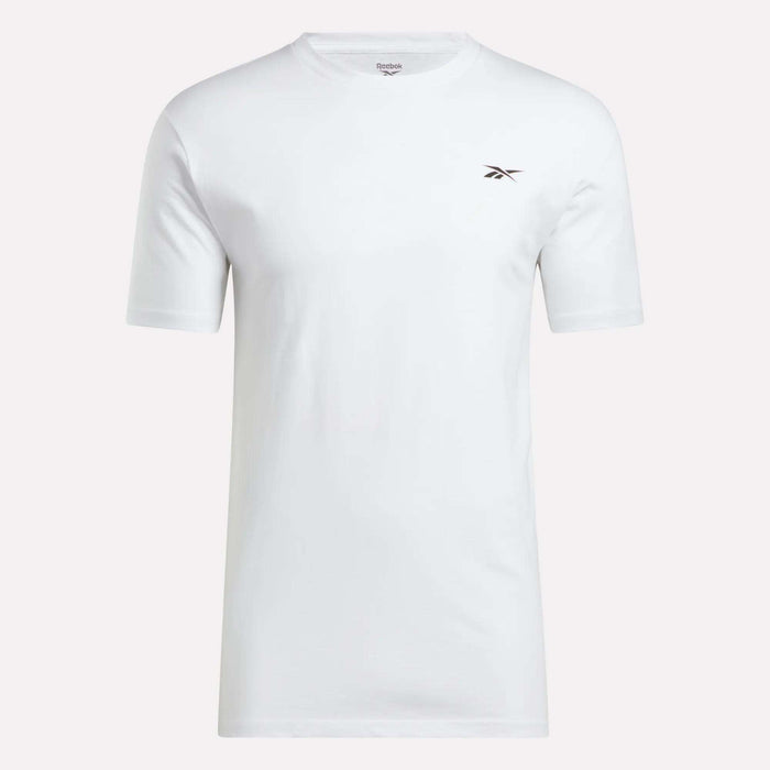 The Reebok Men's Identity Small Logo T-Shirt offers a relaxed fit and timeless style, featuring a plain white design with a small black and red Reebok logo on the left chest, displayed against a white background.