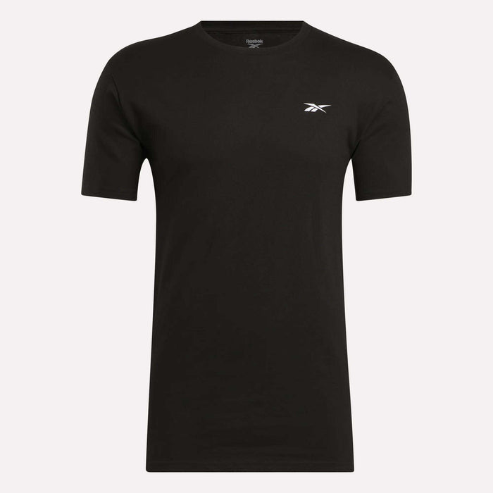 The Reebok Men's Identity Small Logo T-Shirt is black, features a front logo, and offers a relaxed fit for all-day comfort.