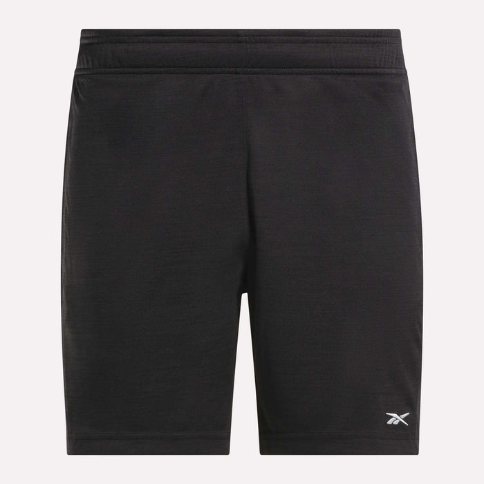 Men's Inclination Shorts by Reebok—black training shorts with an elastic waistband and a small white Reebok logo on the lower left leg. Shown on a plain white background, ideal for men's workout routines.