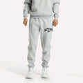 A person models Reebok Men's Joggers in light gray with a black logo on the left thigh, styled with a matching sweatshirt and white sneakers against a plain white background.