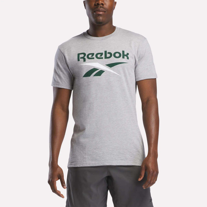 A man wears a Reebok Men's Stacked Vector Graphic T-Shirt in light gray, 100% cotton, with a large green Reebok logo and dark gray shorts, standing against a plain light background.