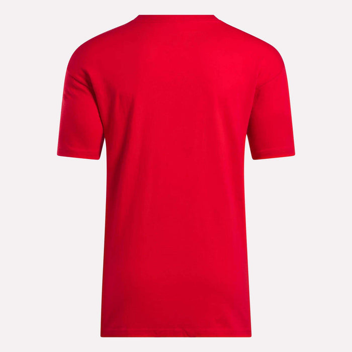 A Men's Stacked Vector T-Shirt by Reebok in plain red is shown from the back against a white background.