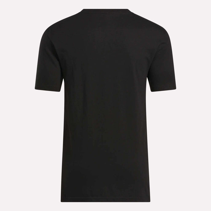The Reebok Men's Stacked Vector T-Shirt, made from soft cotton, is displayed from the back against a light gray background.