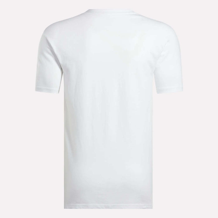 The Reebok Men's Stacked Vector T-Shirt is shown from the back against a light gray background, highlighting its classic short-sleeve cotton design.