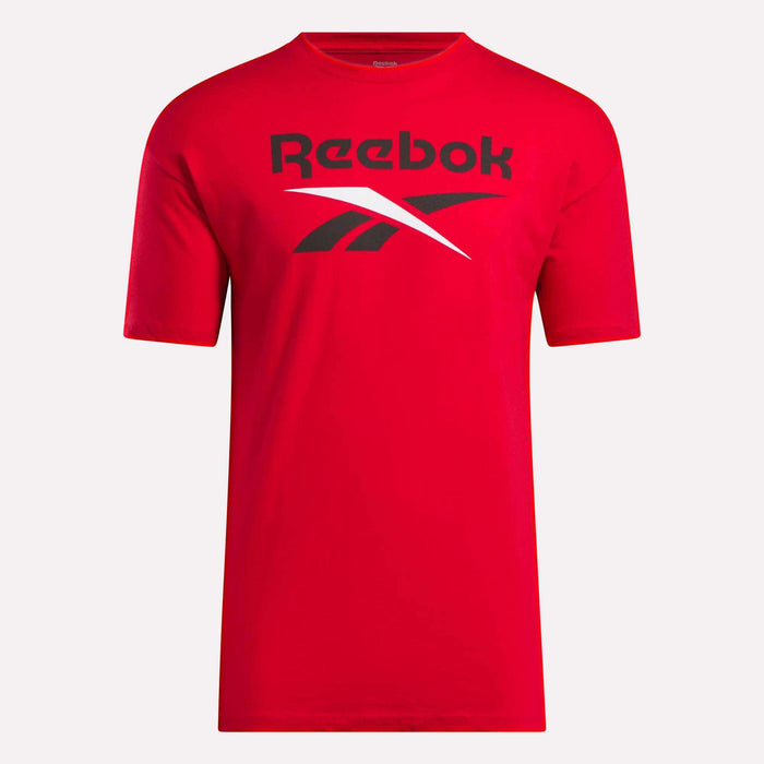 The Men's Stacked Vector T-Shirt by Reebok features a black and white logo and brand name across the chest, made from soft cotton fabric in red, shown on a plain white background.