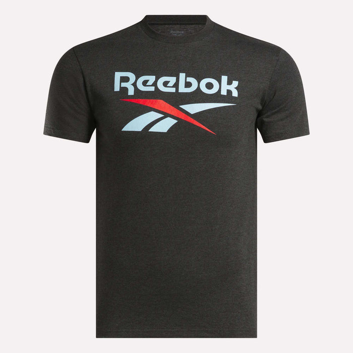 The Reebok Men's Stacked Vector Graphic T-Shirt, made from 100% cotton, is black with the iconic white and red Reebok logo across the chest, shown on a plain white background.