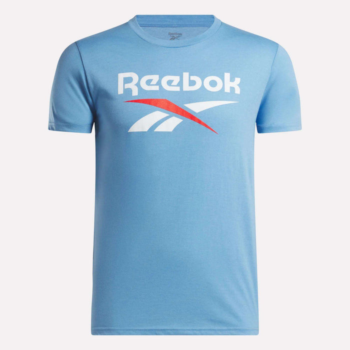 The Men's Stacked Vector Graphic T-Shirt by Reebok is light blue, made from 100% cotton, and features the white and red Reebok logo and name across the chest. Shown on a plain white background.