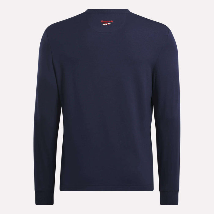 Reebok Men's Long Sleeve Golf Sweatshirt in navy blue, featuring a crew neck, subtle inside logo, and UPF 30+ protection, shown on a plain white background.