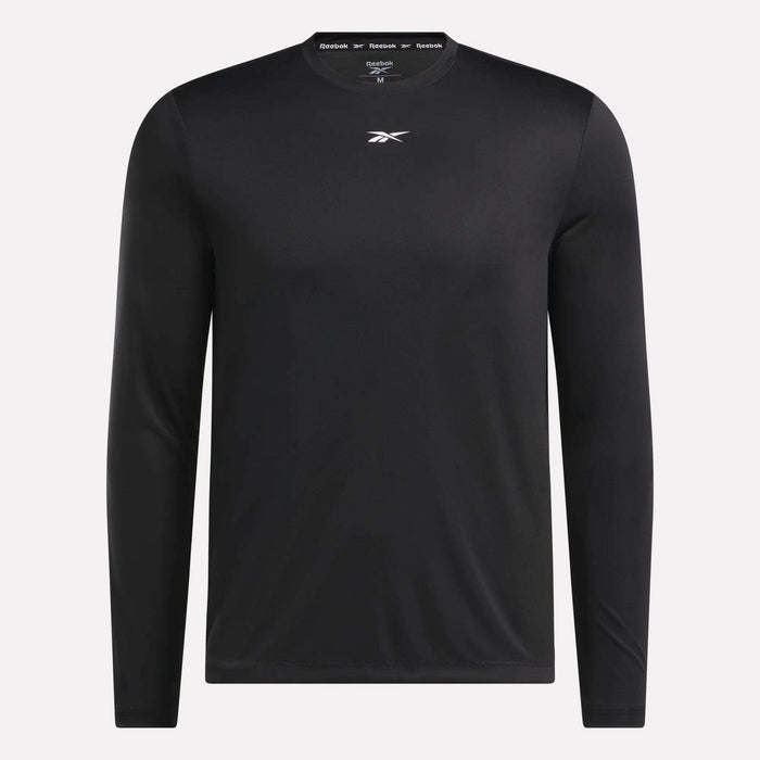 The Reebok Men's Long Sleeve Tech T-Shirt in plain black features a small white chest logo, perfect for cold weather workouts and shown on a light background.