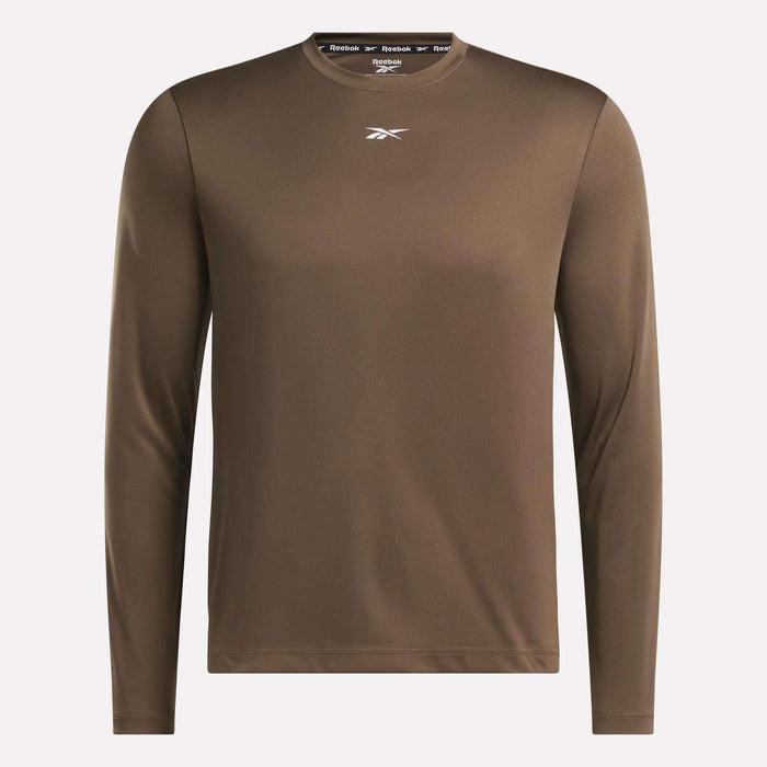Stay warm in the Reebok Men's Long Sleeve Tech T-Shirt—a brown, crew neck athletic shirt with a white chest logo—perfect for cold weather workouts.