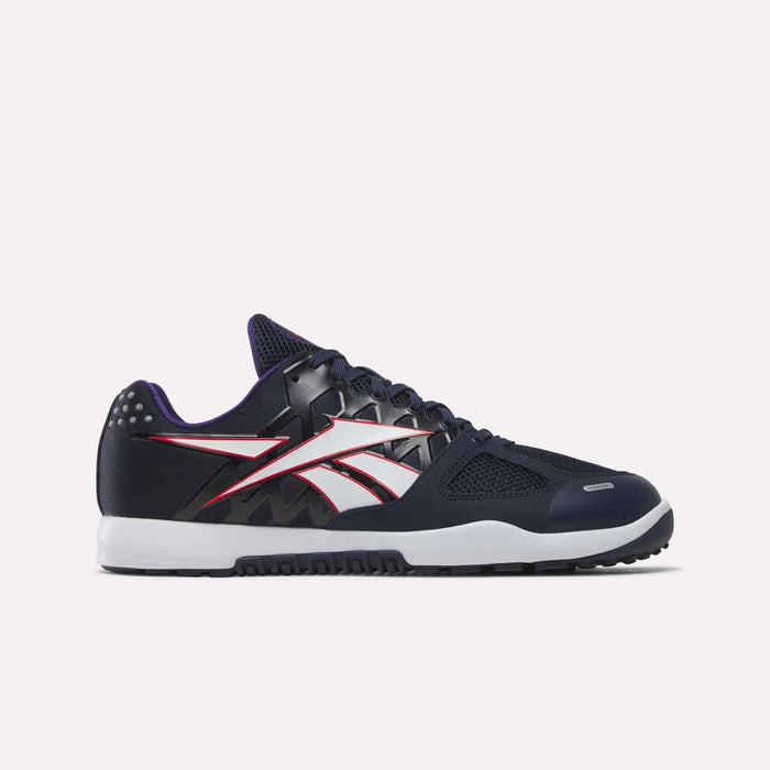 Featuring a side view on a plain white background, the Reebok Men’s Nano 2.0 Training Shoes are shown in navy blue with black mesh accents, black laces, a white midsole, and a black outsole. The design is finished with the iconic Reebok logo in white and red and is engineered for functional fitness.