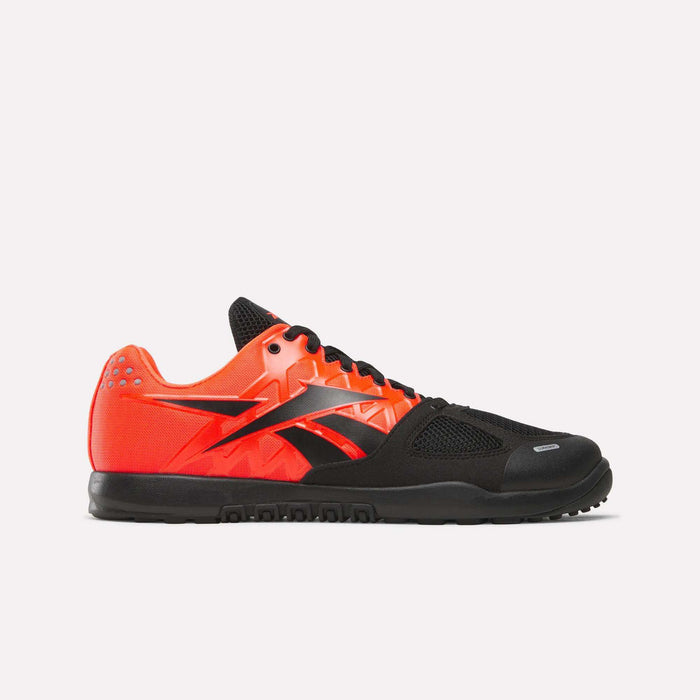The Reebok Men's Nano 2.0 Training Shoes feature a black and bright orange design with a mesh toe, black laces, and signature side logo—ideal for functional fitness, shown on a plain white background.