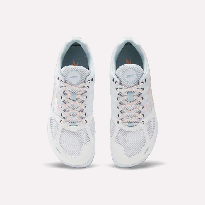 A top view of Reebok Men's Nano 2.0 Training Shoes in white with light blue accents, mesh panels, and pastel-patterned laces—ideal for functional fitness. The Reebok logo appears on each tongue.