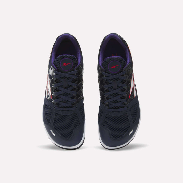 A pair of Reebok Men’s Nano 2.0 Training Shoes in navy blue, featuring black laces, mesh detailing, white soles, and purple accents are shown from above on a white background—perfect for functional fitness routines.