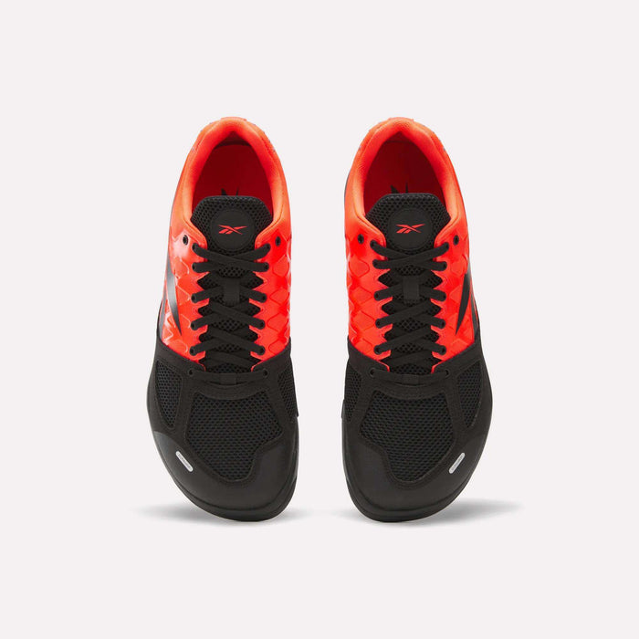 Reebok Men's Nano 2.0 Training Shoes—featuring black mesh toes and laces, vibrant orange-red sides, and inner lining—ideal for functional fitness, displayed from above on a white background.