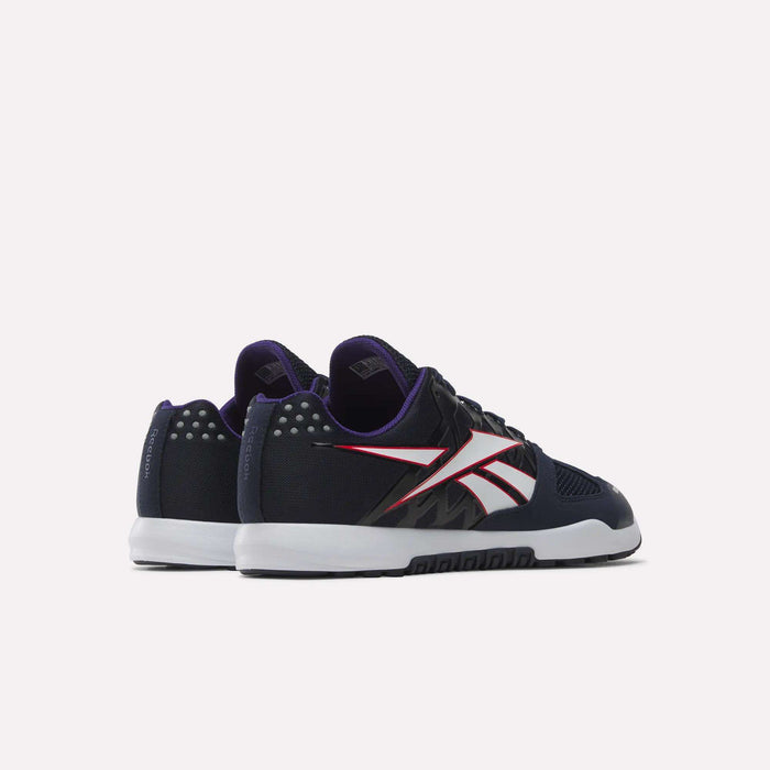 A pair of Reebok Men’s Nano 2.0 Training Shoes in black, designed for functional fitness and inspired by the Nano 2.0, featuring white soles and red and white side accents, displayed from a rear side angle on a white background.