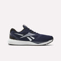 The Reebok Men's Nanoflex Trainer 2 Shoes feature a dark blue design with white and black accents, a white sole, and a black heel—ideal workout shoes for your next training session.