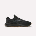 The Reebok Men's Nanoflex Trainer 2 Shoes in black feature a black sole, subtle gray lines, and the Reebok logo on the side—ideal athletic sneakers for any workout, shown here against a plain white background.