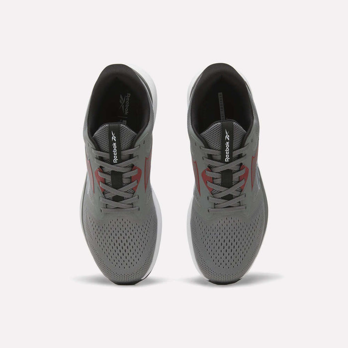 A pair of gray Reebok Men's Nanoflex 2 Training Shoes viewed from above, featuring black interiors, white soles, and red accents on the sides, with Reebok branding on the tongues. These athletic shoes are designed with breathable mesh for enhanced comfort during intense training sessions.