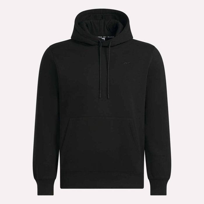 A Men’s Patent Hoodie by Reebok, in plain black with a front pocket, drawstrings, and an embroidered logo, is displayed on a white background.