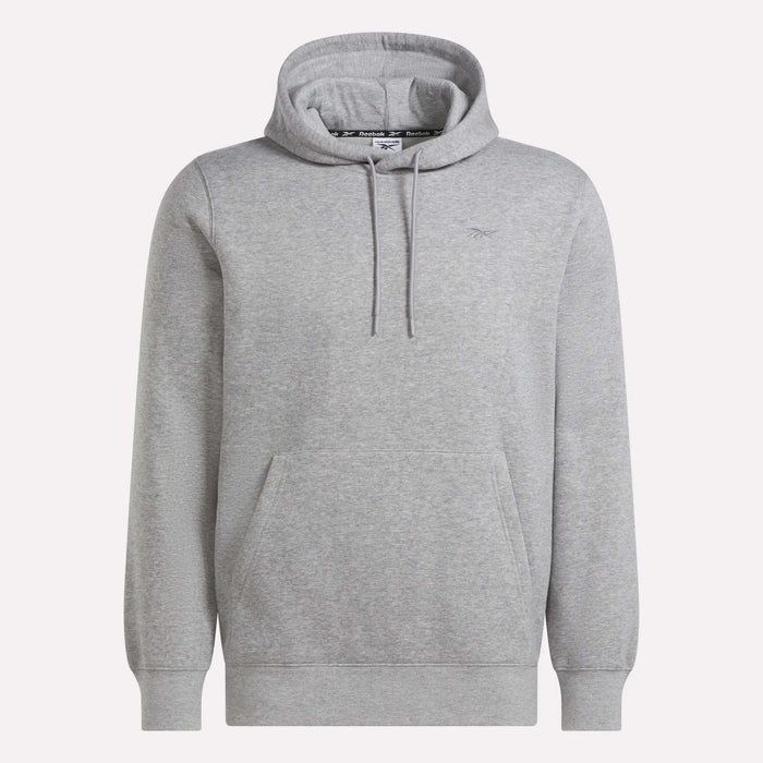 A light gray Reebok Men’s Patent Hoodie featuring a front pocket, drawstrings, and a subtle embroidered chest logo is displayed against a white background.