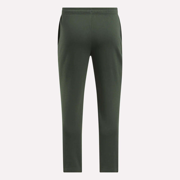 Men's Patent Pants by Reebok in olive green feature a slim fit, athletic jogger style, and an elastic adjustable waistband, displayed from the back against a plain light background.