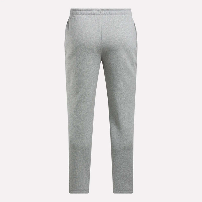 Men’s Patent Pants by Reebok in light grey are displayed from the front on a plain white background. These pants have an adjustable waistband and straight legs, showcasing a simple, casual design.
