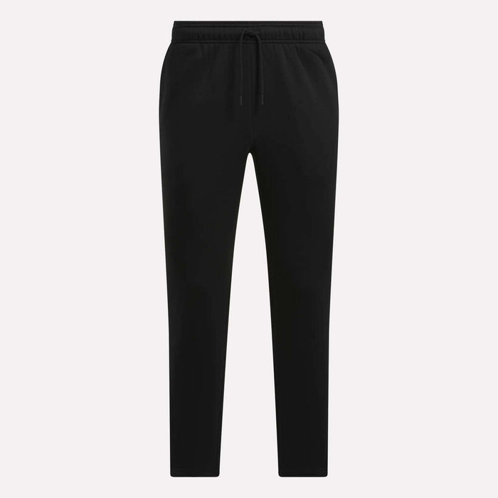 Reebok Men's Patent Pants in black, with an adjustable waistband, straight legs, and side pockets, shown on a plain white background.