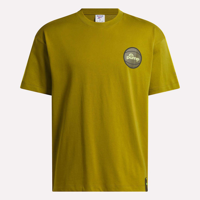 Introducing the Reebok Men's Pump OG T-Shirt—a plain olive green tee featuring a small round Pump logo on the left chest. Inspired by classic retro basketball style, this shirt comes with short sleeves and a timeless crew neck design.