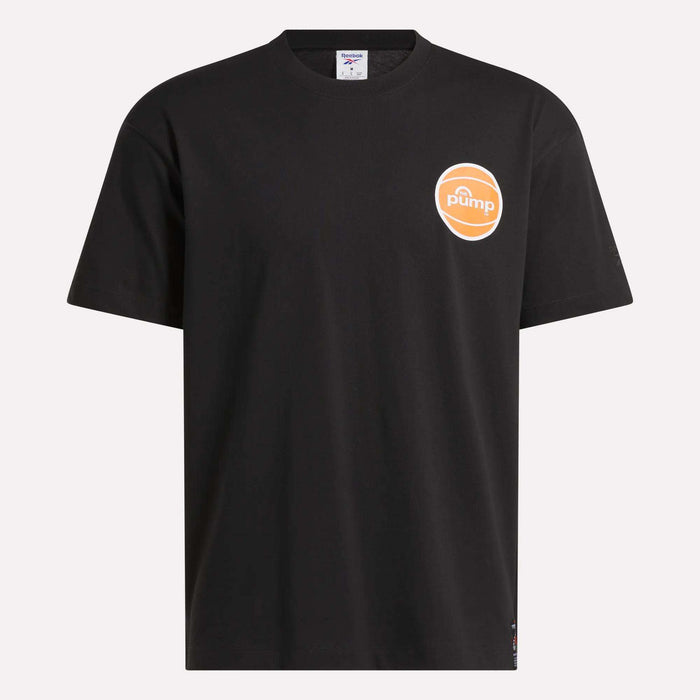 The Reebok Men's Pump OG T-Shirt is a black short-sleeve tee with a small orange and white circular Pump logo on the upper left chest, offering retro basketball vibes. Displayed on a plain light background.