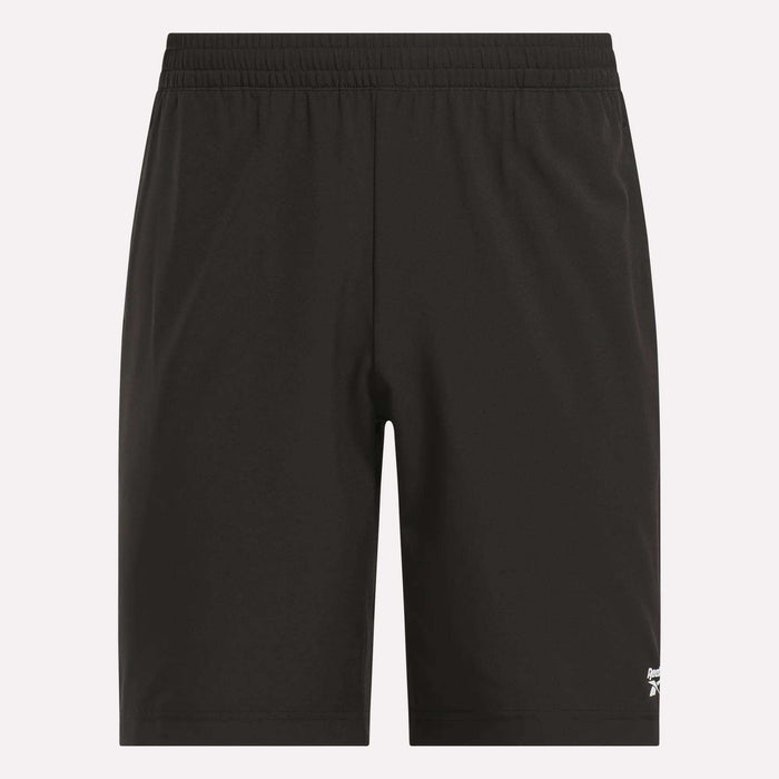 A pair of Reebok Men's Range Shorts 9" in plain black, featuring an elastic waistband and a small white Reebok logo near the bottom left hem.