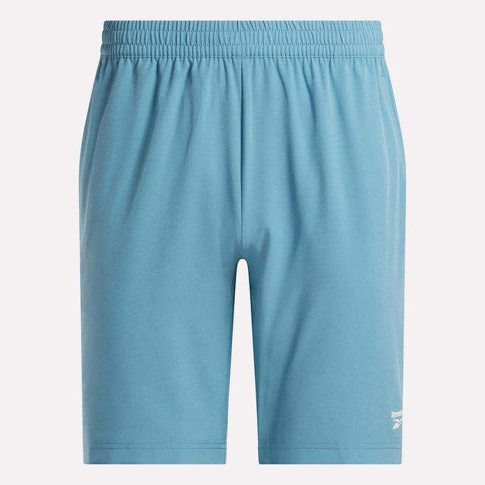 Men’s Range Shorts 9" by Reebok in light blue, featuring an elastic waistband and a small white Reebok logo on the lower left leg; these performance shorts are showcased against a plain white background.