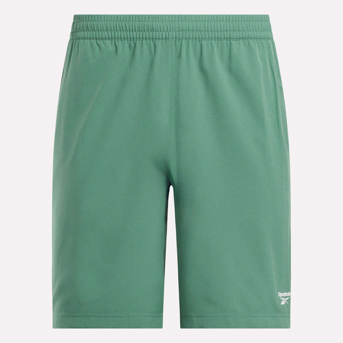 Reebok Men's Range Shorts 9" in green feature an elastic waistband, small white logo on the lower left leg, and smooth fabric for comfort—ideal gym shorts for workouts or daily wear.