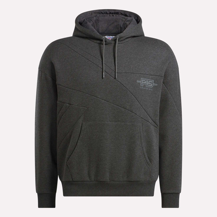 The Men's Reebok x F45 Training Relaxed Hoodie features a dark gray color, front pocket, drawstring hood, subtle diagonal stitching, and a small F45 logo on the left chest—your ideal blend of comfort and style from Reebok.