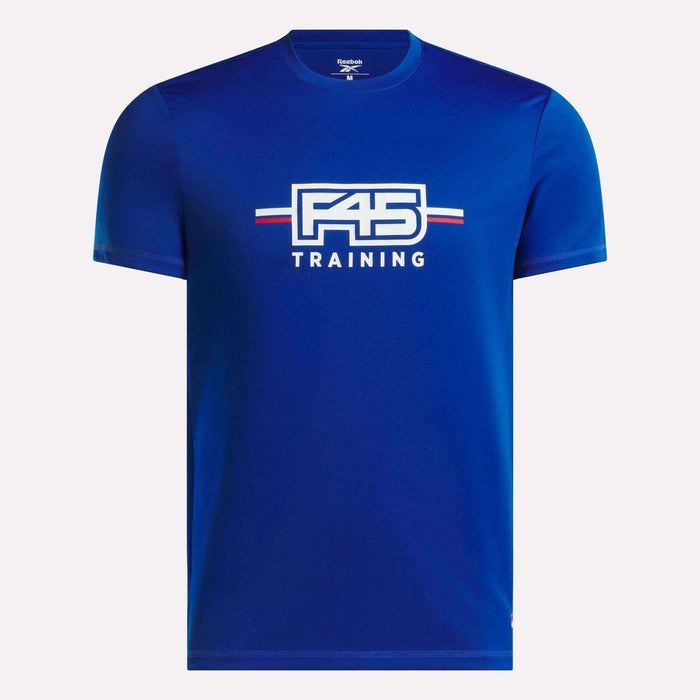 The Men's Reebok x F45 Training T-Shirt is a blue short-sleeve shirt featuring a white, red, and blue F45 Training logo on the chest, designed by Reebok for performance and everyday comfort.
