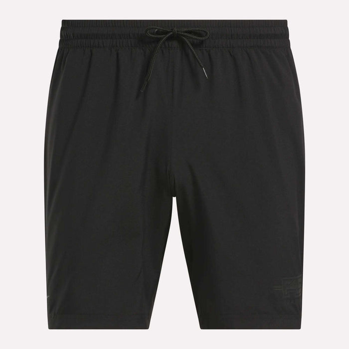 The Men's Reebok x F45 Training Woven Shorts, featuring an elastic waistband and drawstring for a secure fit, are ideal for high-intensity workouts and are shown here against a plain light background.