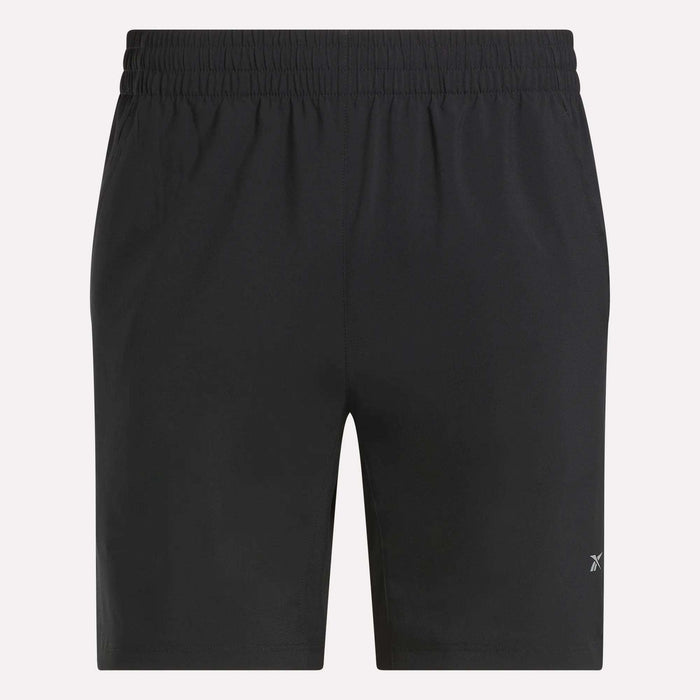 Reebok Men's Run Shorts featuring inner tights, an elastic waistband, and a small logo near the bottom right hem are displayed against a plain light background.