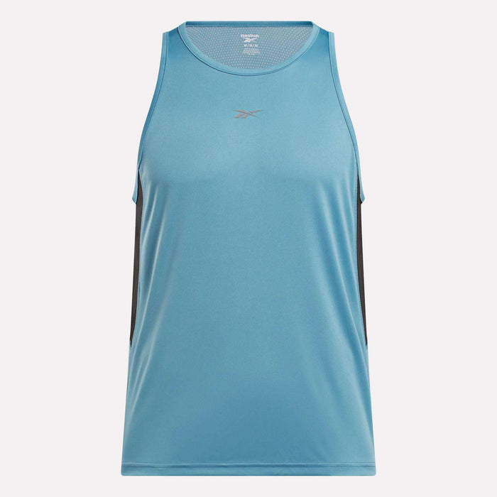 The Reebok Men's Run Speedwick Singlet is a sleeveless athletic top in light blue with black side panels, made from lightweight, breathable RBK-DRY mesh. The Reebok logo appears on the chest, shown against a plain white background.