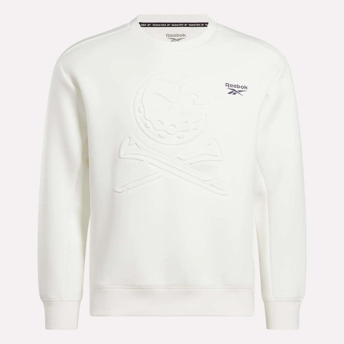 The Reebok Men's Scuba Knit Crew Sweatshirt is a white golf top with a subtle embossed skull and crossbones on the front, moisture-wicking fabric, and blue Reebok logo and text on the left chest.