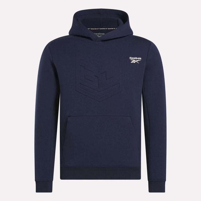 The Reebok Men's Scuba Knit Hoodie Sweatshirt is navy blue with a front pouch pocket, an embossed geometric chest design, moisture-wicking fabric, and a white Reebok logo on the left chest.