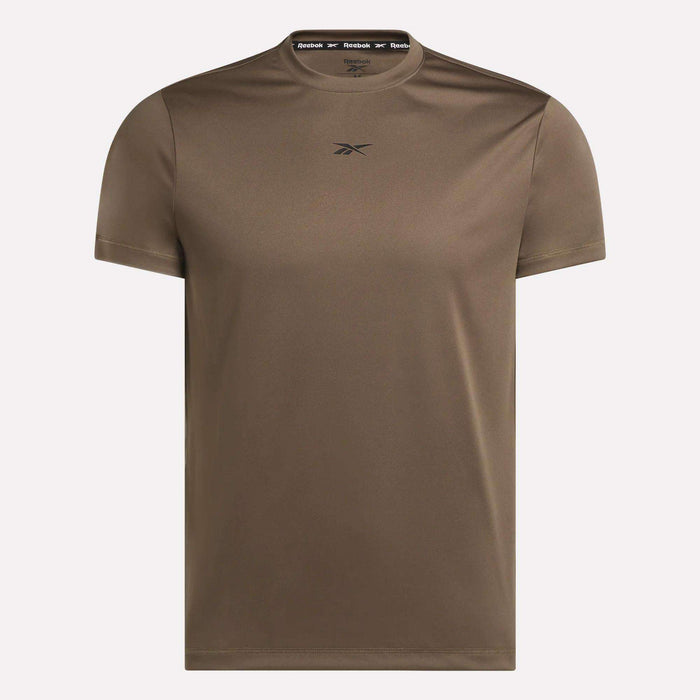 The Reebok Men's ID Train Short Sleeve Tech Tee is a plain brown gym shirt with short sleeves, RBK-DRY fabric, and a small Reebok logo at the center chest, shown on a white background.